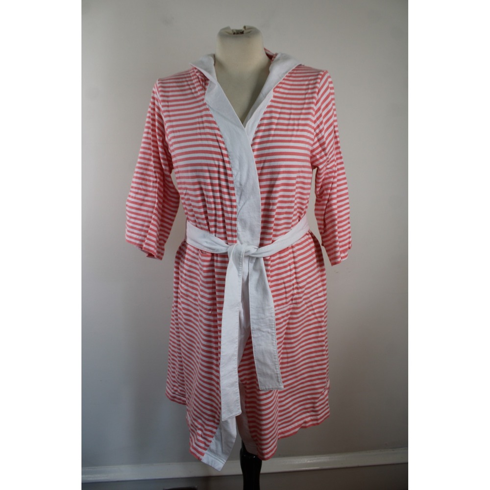 Nine Space S/M Coral Orange Stripe Organic Cotton Hood Short Robe Lounge Pockets
